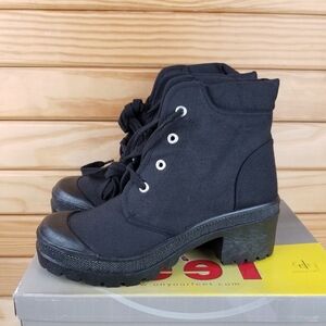 Black Canvas Combat Military Biker Moto Ankle Boots Lace up 8 US NEW Block Heel